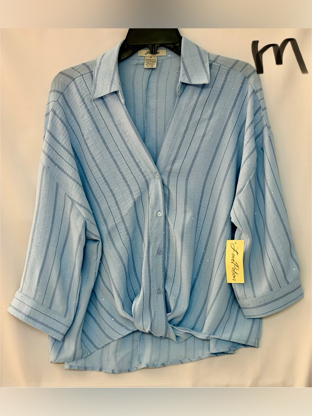 Light Blue Striped Button-Front Blouse with Front Twist